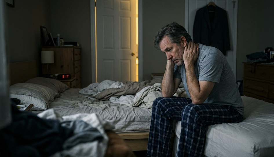 A man in his 50s sits on the edge of his bed at 3:17am